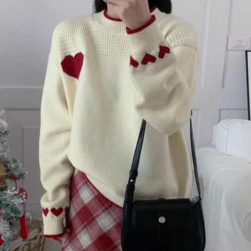 Contrast color heart-shaped sweater 2024 new autumn and winter style, fashionable and age-reducing, loose, slim and versatile