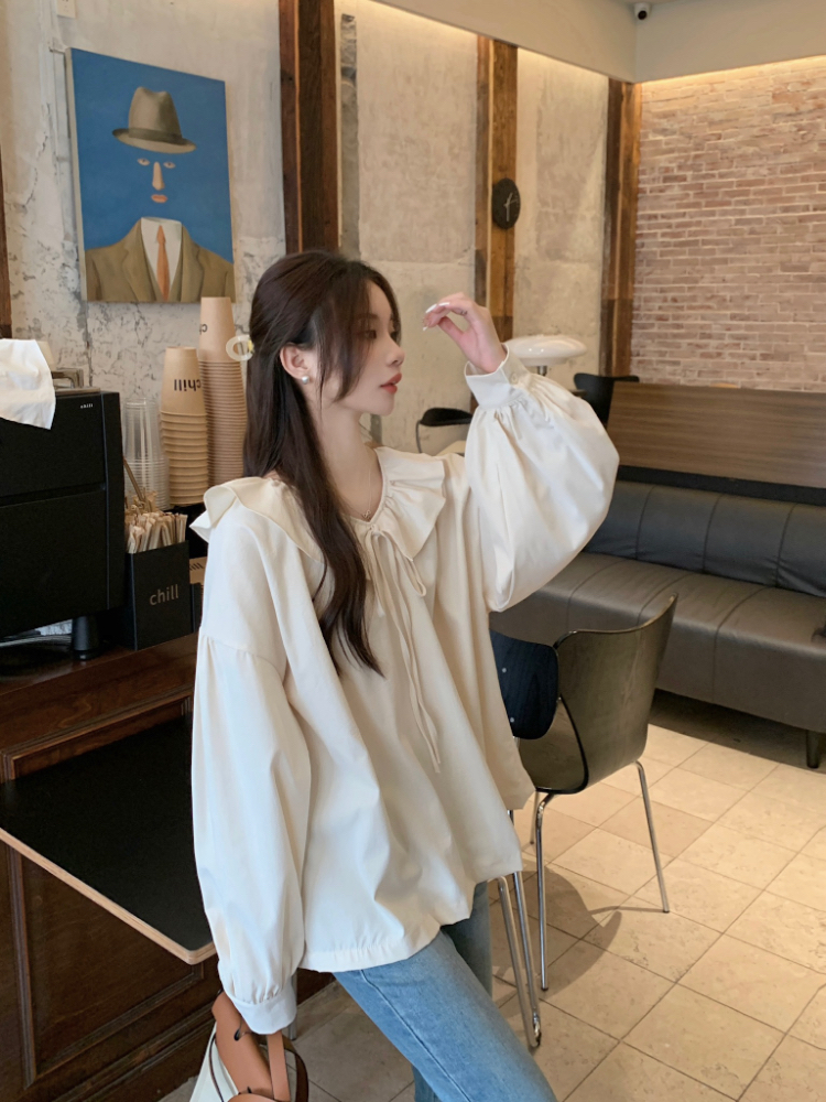 Live-shoot! Korean Retro Pleated Hem Loose-fitting Women's French Niche Design Baby Dress Long Sleeve Top