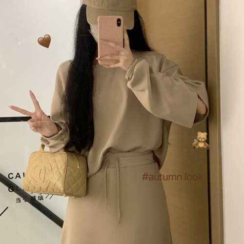 Actual shot~Korean style ripped loose casual sweatshirt suit skirt women's sweet and spicy skirt two-piece set