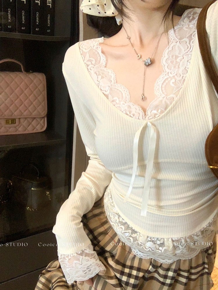 Real shot lace splicing U-neck undershirt autumn innerwear T-shirt sweet and spicy girl elastic slimming slim shirt 