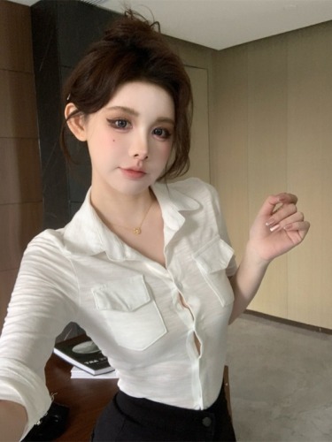 Real shot!  !  Sexy lapel long-sleeved early autumn slim-fit waist shirt with pure lusty temperament