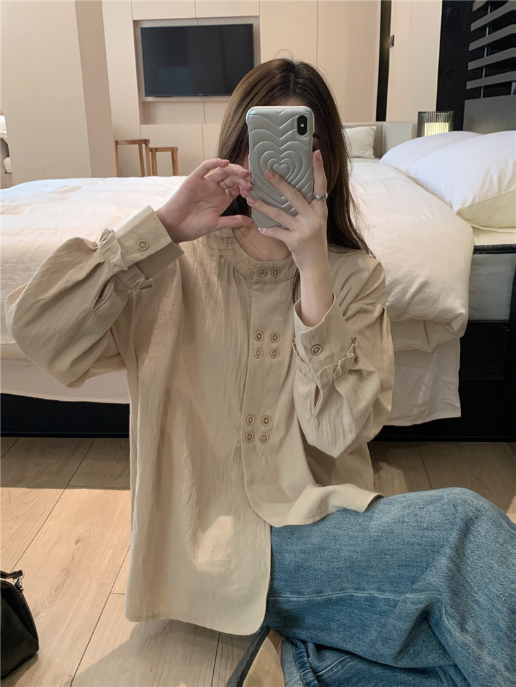 Real shot!  Early autumn French retro literary shirt for women, double-breasted design niche loose long-sleeved shirt
