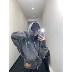 2024秋季水洗刺繡復古小眾做舊加寬螺紋短款開衫連帽外套