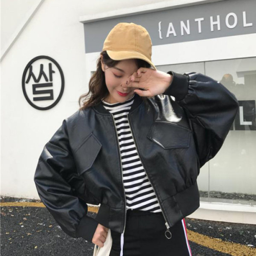 Hong Kong style bat sleeve pu motorcycle short leather jacket for women spring and autumn new loose slimming little jacket student jacket