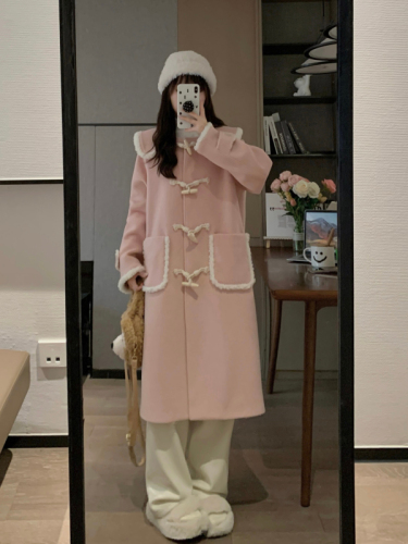 Lamb hair horn button coat for small people autumn and winter new high-end niche hooded mid-length woolen coat for women