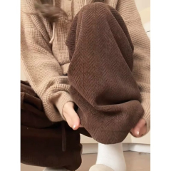 Pocketed Original Zhejiang European Cotton Corduroy Fleece-lined Silver Fox Fur Brown Wide Leg Pants