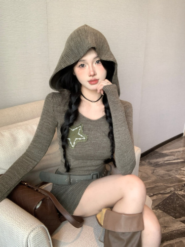 Real shot ~ Star knitted sweatshirt dress for women in autumn hot girl American retro short skirt