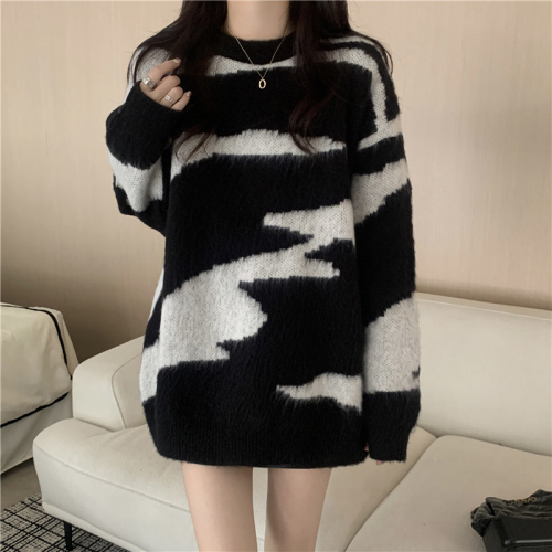Real shot, real new design, zebra pattern pullover, loose slimming sweater, soft waxy sweater for women