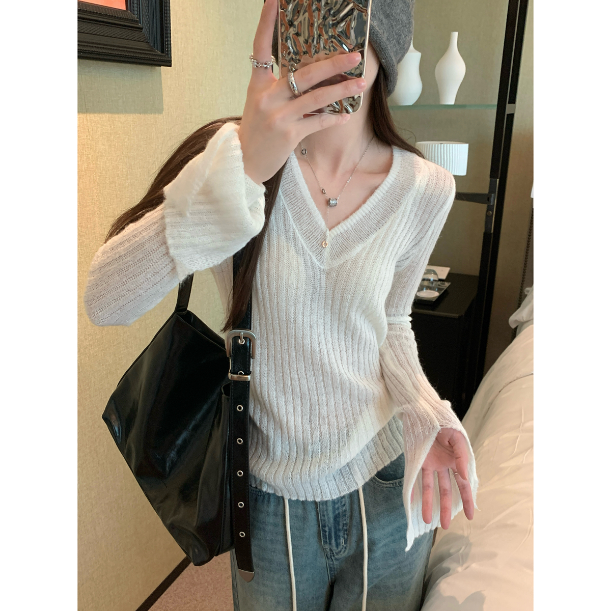 Real shot of autumn and winter Korean style v-neck lazy versatile cuffs slit sweater long-sleeved pullover bottoming top for women