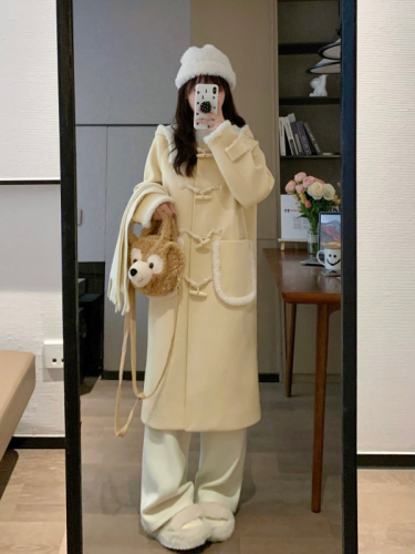 Lamb hair horn button coat for small people autumn and winter new high-end niche hooded mid-length woolen coat for women