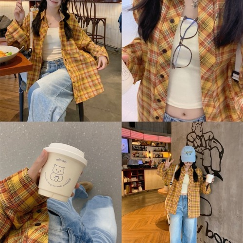 Real shot of American retro yellow plaid shirt for women 2024 autumn new loose long-sleeved versatile sun protection shirt