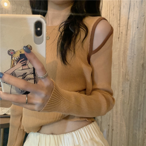 Real photos of new slim off-shoulder design long-sleeved sweater tops