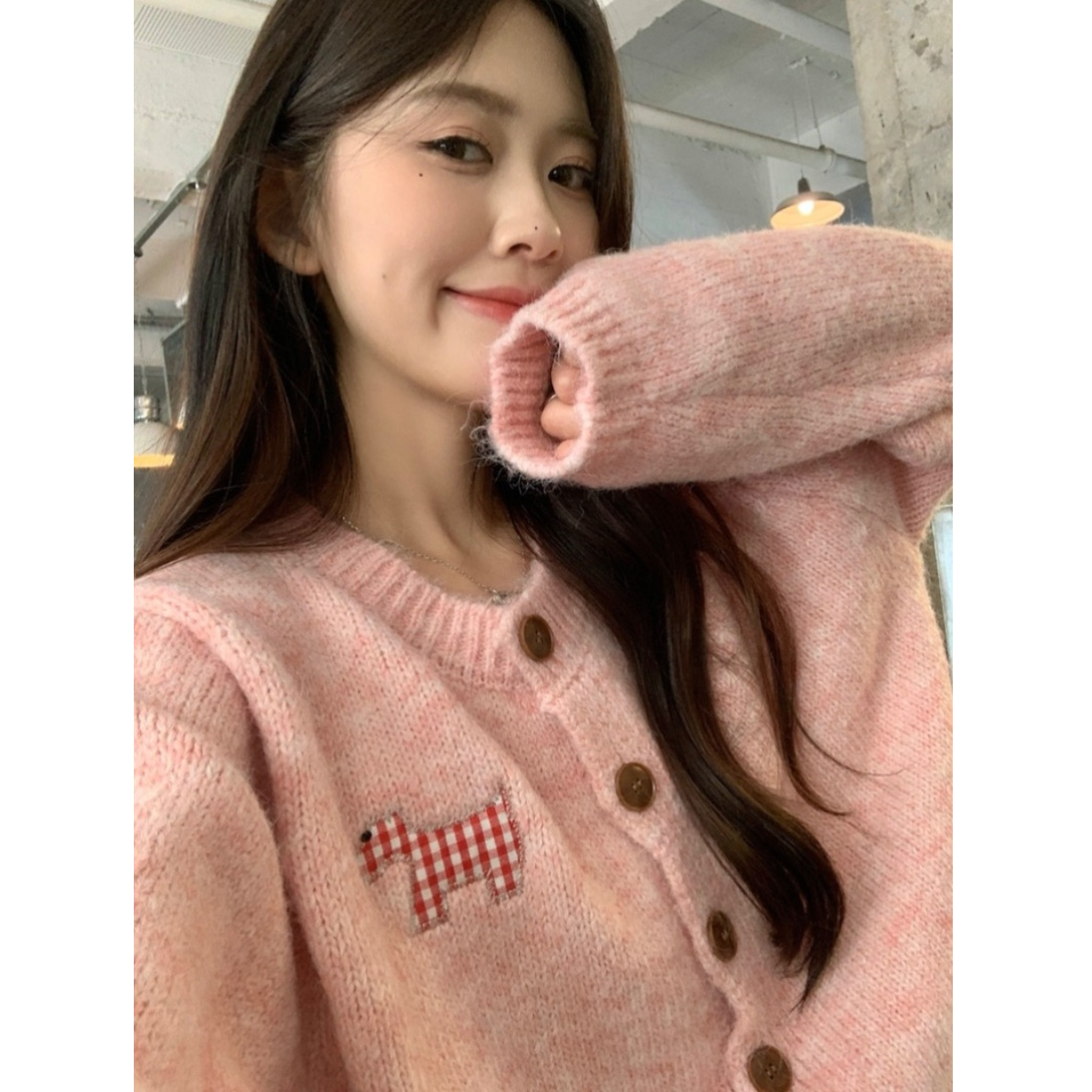 Sweet Style Puppy Embroidered Cardigan Sweater for Women Autumn Gray Uncommon Long-Sleeve Knit Top Loose Cardigan Jacket