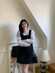 Live-shot Korean-style slimming slim-fit mid-length high-end lady dress + sweet long-sleeved blouse