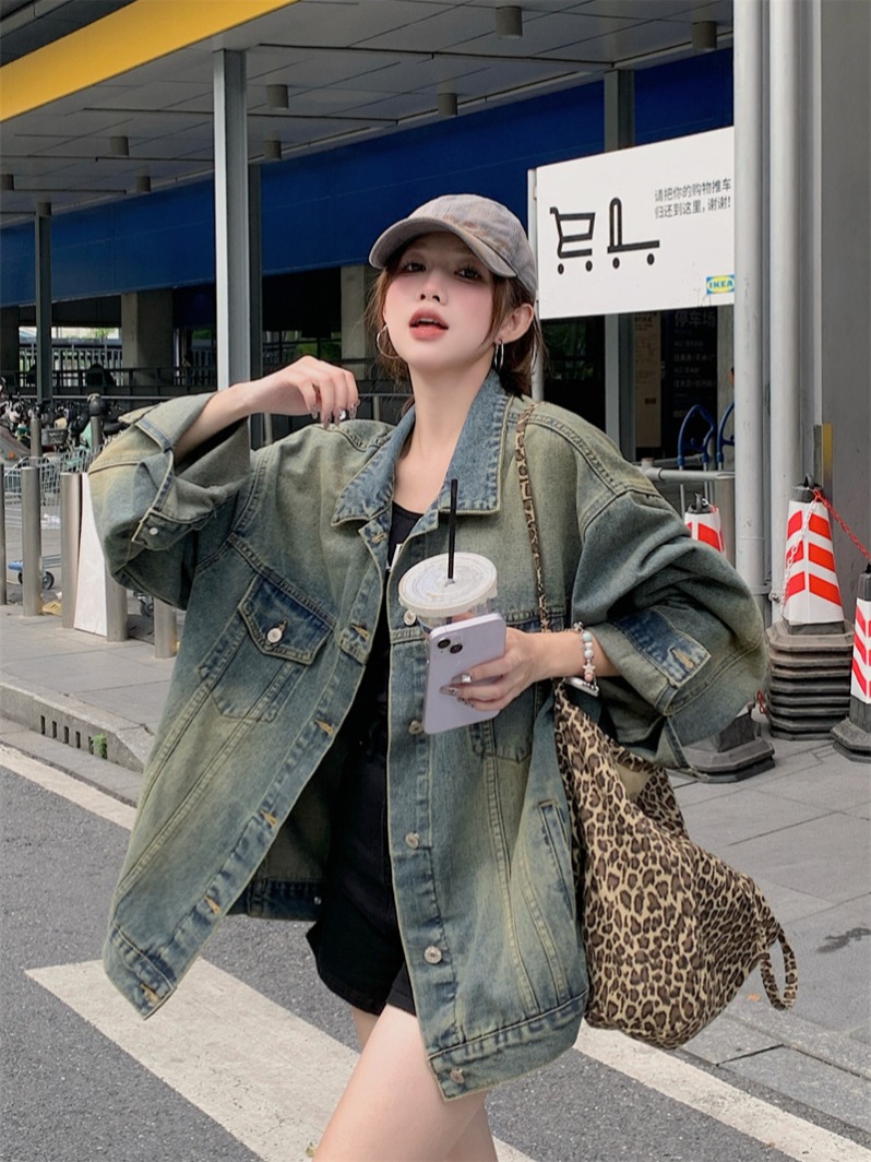 Actual shot~ Water-washed retro American denim jacket for women, high street fashion brand, loose couple casual versatile top