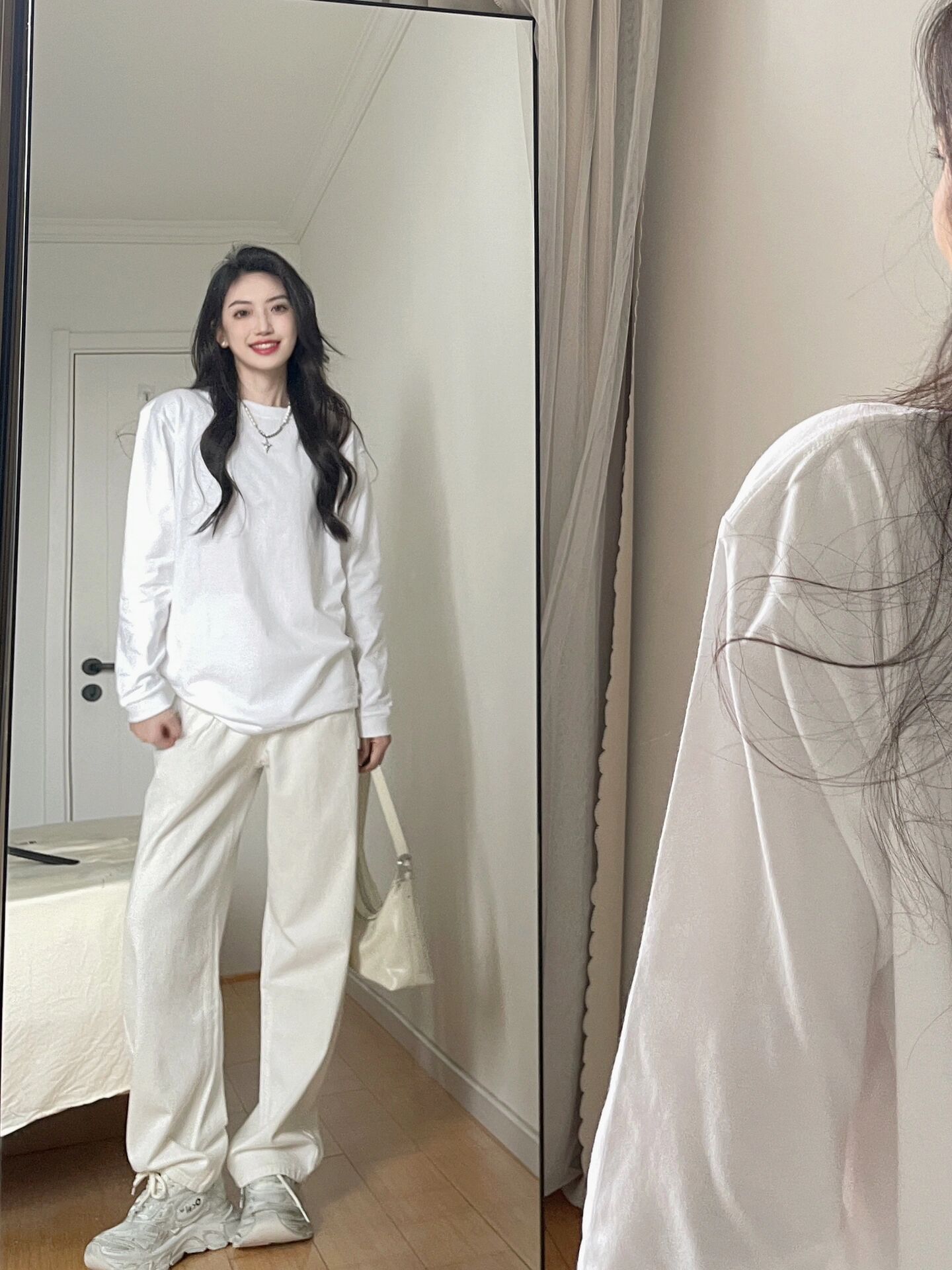 牛奶絲 純棉  個性印花長袖T恤女白色撞色簡約內搭高級感打底上衣