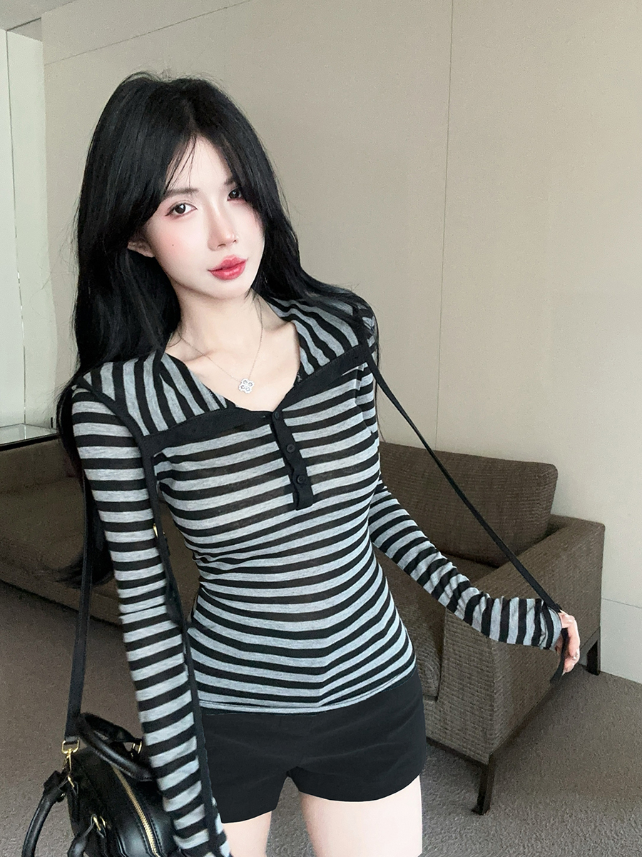 Shot-in stripes hooded sweatshirt, slimming long-sleeved knit fashion crew neck autumn casual lazy hoodie top