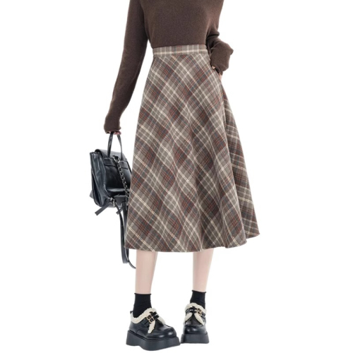 Elastic waist woolen plaid skirt for women 2024 new autumn and winter A-line high-waist slim retro petite skirt