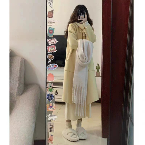 Horn button thickened woolen coat for women 2024 autumn and winter new style woolen coat Korean style small people are popular this year