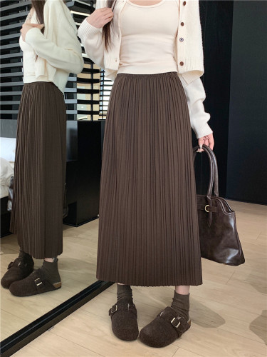 Actual shot of 2024 new autumn pleated skirt for women, high waist slimming and drapey mid-length slit A-line skirt