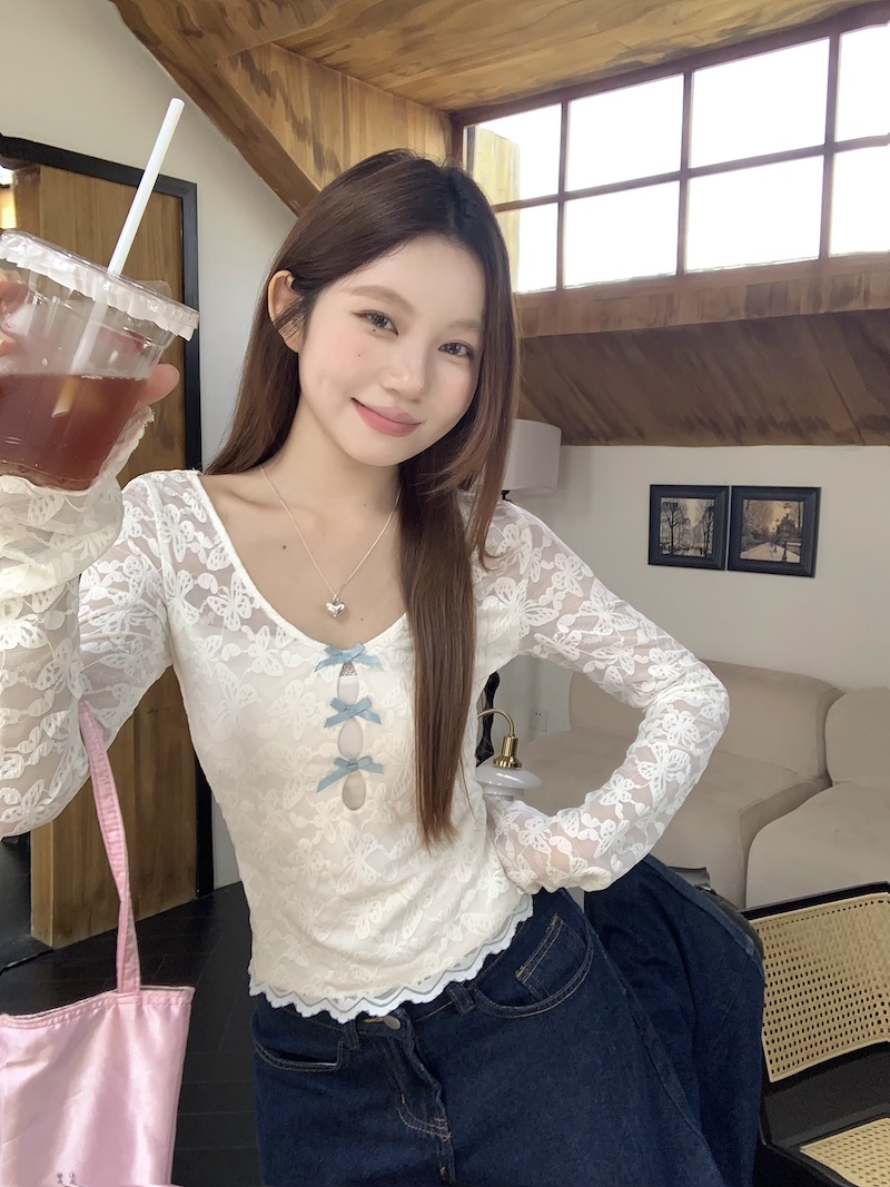 實拍 韓版修身顯瘦甜辣長袖蝴蝶結蕾絲打底衫抹胸兩件套