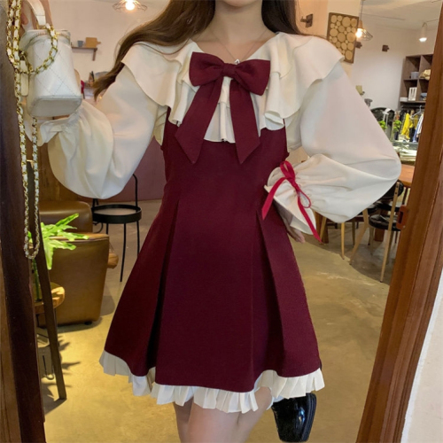 Belted red bow suspender skirt for women new cute and gentle temperament princess style sports dress