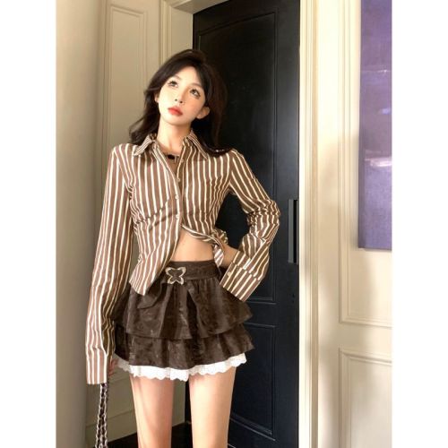 Real shot!  !  Brown puffy skirt, high-waisted cool cake skirt, A-line skirt, short skirt for small people