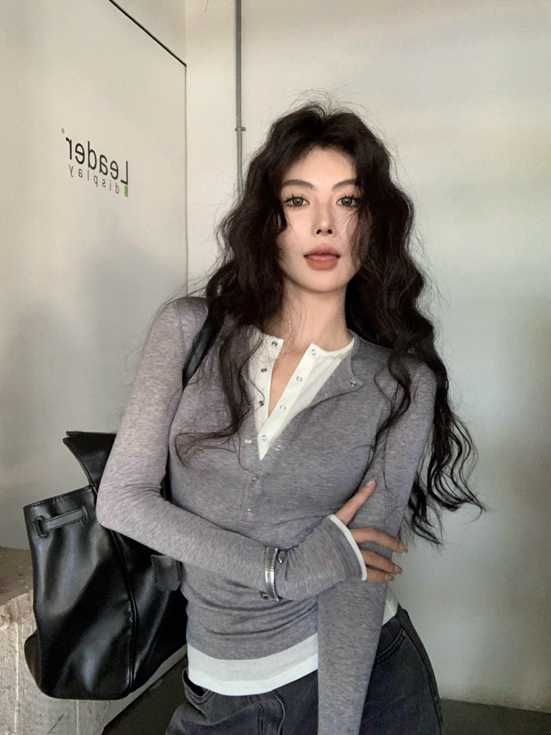 實拍秋季亨利領柔軟天絲羊毛打底衫上衣女修身假兩件長袖T恤