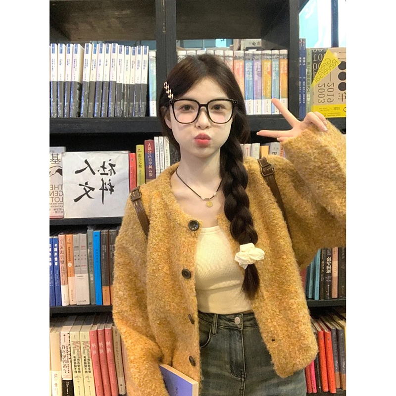 Lazy style plush short yellow knitted sweater cardigan jacket