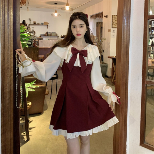 Belted red bow suspender skirt for women new cute and gentle temperament princess style sports dress