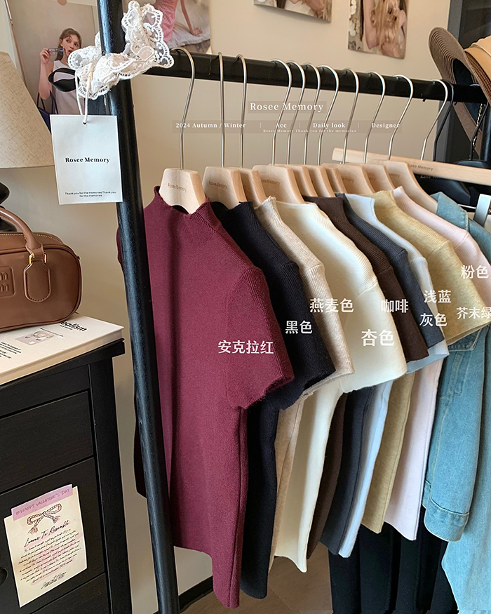 Photographed~ New Autumn Korean Style Fitted High-Neck Solid Color Slimming Matchable Knit Short-Sleeve Top for Women