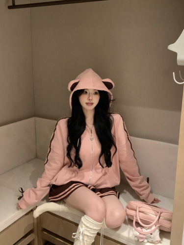 Real shot~Sweet and lazy style loose and slim long-sleeved hooded sweatshirt + short skirt suit