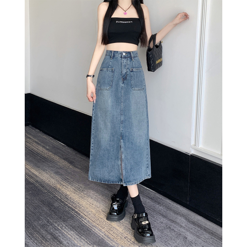 Slit retro denim skirt women's mid-length summer 2024 new high-waist slim A-line large size fat MM skirt