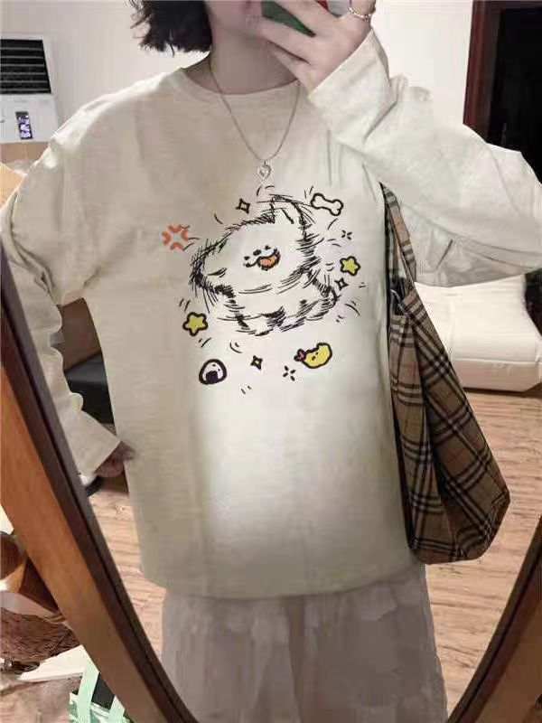 純棉  個性印花長袖T恤女白色撞色簡約內搭高級感打底上衣