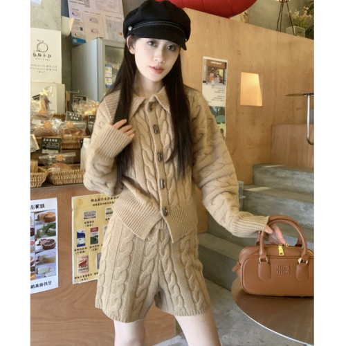 Korean new style lapel twist horn button knitted suit thickened sweater suit two-piece set