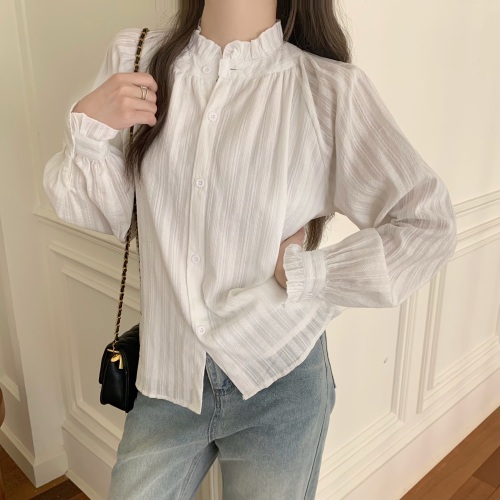 Actual shot of pure cotton, three standards, 2024 autumn French stand-up collar white shirt with earrings, women's inner wear trendy top