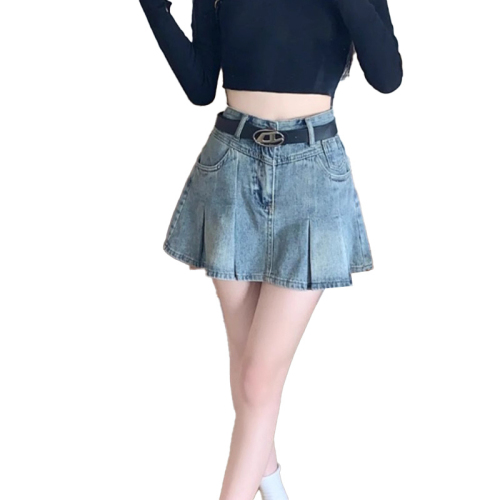 Trendy brand American retro denim short skirt for women high-waisted hot girl pleated skirt petite A-line skirt 2024 summer