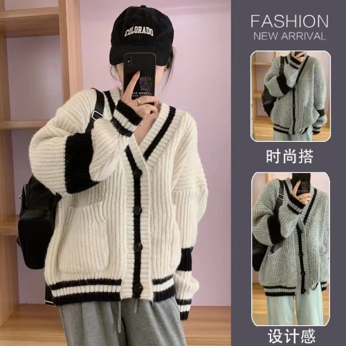 Korean style lazy college style sweater jacket for women spring and autumn loose retro striped mid-length knitted cardigan top