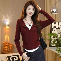 大碼假兩件長袖T恤女秋季胖mm顯瘦遮肚子不規則設計感打底衫