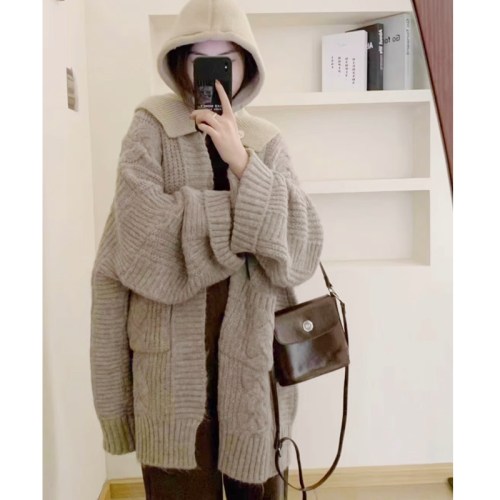 Korean Sweater Lazy Style 2024 Loose Knitted Sweater Cardigan Women's Jacket Mid-Length Thickened Autumn and Winter Outerwear