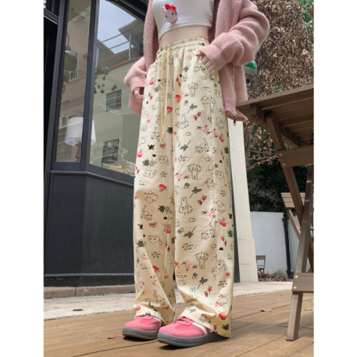 6685#Real Shot Chinese Cotton Composite Velvet/Thin Style 2024 Autumn and Winter Pants Women’s Cute Cat Print