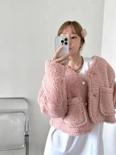 Korean chic small fresh lamb wool long-sleeved cardigan thickened short coat women's small fragrance jacket