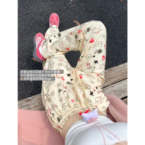 6685#Real Shot Chinese Cotton Composite Velvet/Thin Style 2024 Autumn and Winter Pants Women’s Cute Cat Print