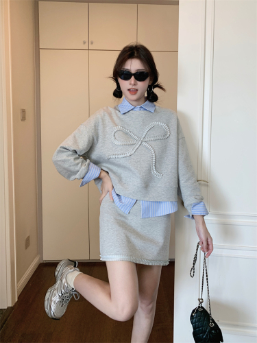 Real shot Autumn new layered short sweatshirt striped shirt lace skirt fashionable three-piece suit for women