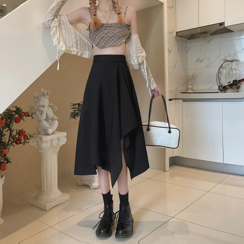 Irregular black slit skirt for women in autumn, mid-length, hip-covering, slimming umbrella skirt, high-waisted A-line skirt with large hem