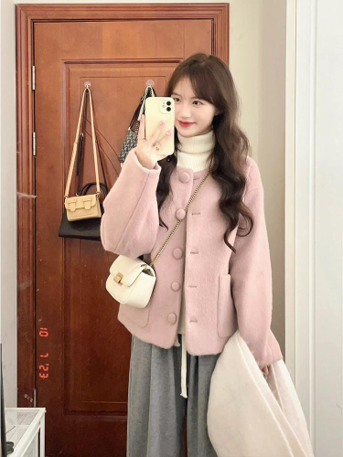 Korean style simple casual versatile pink coat autumn and winter new style lazy style gentle temperament niche tops for women