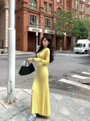 Shot Autumn/Winter New Slimming Knitted Wool Dress Simple Buttoned Long Dress