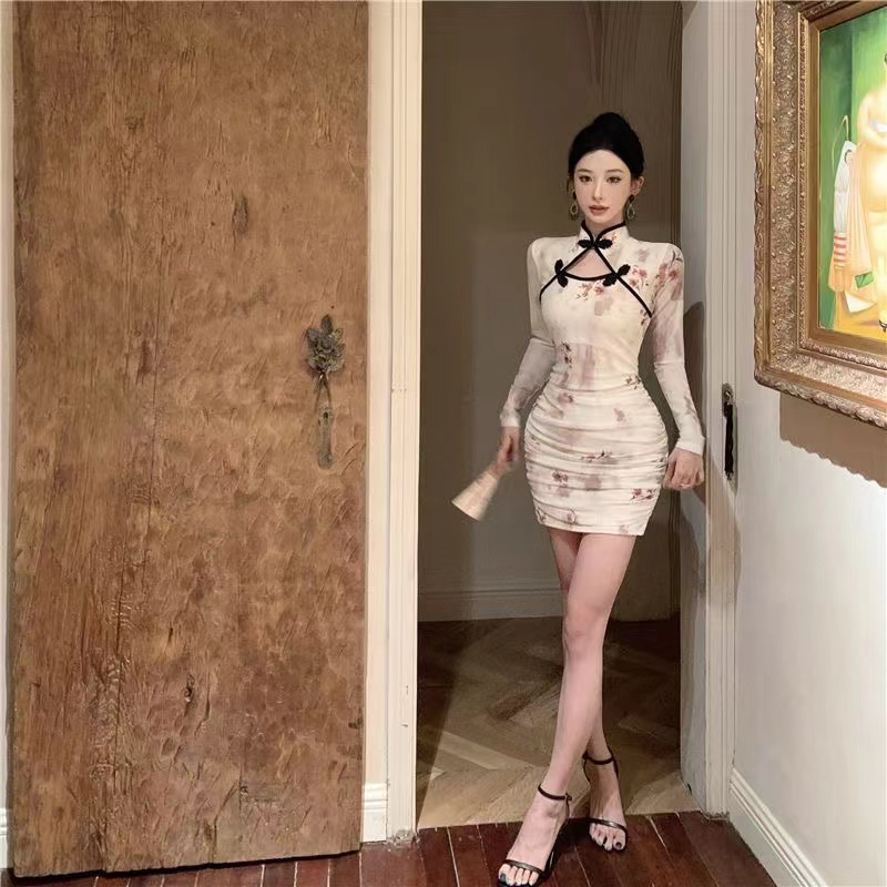 Modern Chinese style national wind print improved cheongsam short skirt for children summer pleated waist cinching slimming temperament long sleeve dress