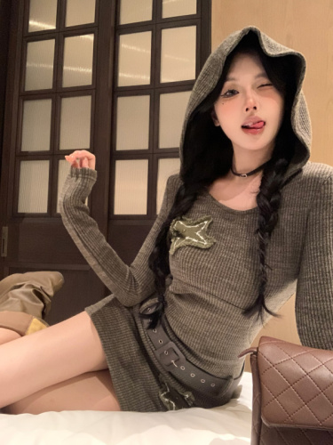 Real shot ~ Star knitted sweatshirt dress for women in autumn hot girl American retro short skirt