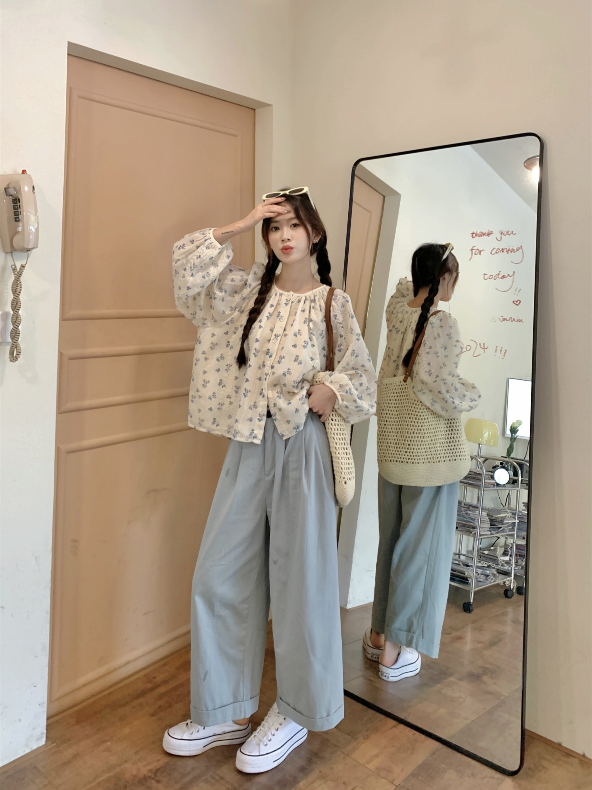 實拍~小清新碎花長袖寬鬆顯瘦圓領甜美少女感襯衫+闊腿褲